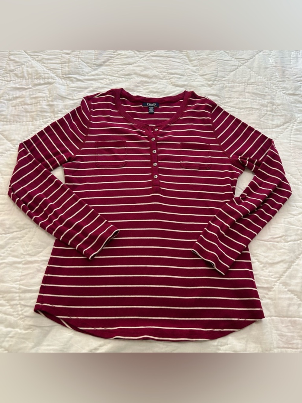 Ralph Lauren Chaps Henley Shirt Top Womens XXL Burgundy Stripe Rib Knit 90’s